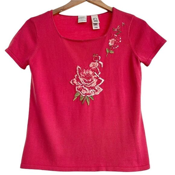 Vintage Emma James Liz Claiborne Embroidered Rose Short Sleeve Sweater Petite SP - Picture 1 of 6